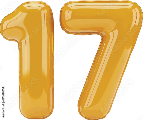 Shiny Yellow Number 17 Balloon, Seventeen, Transparent Background
