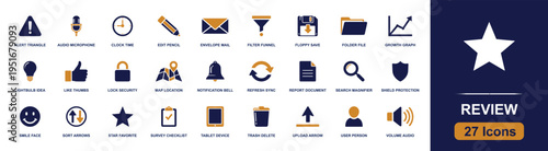 Review icon set. Containing survey checklist, star favorite, smile face, report document, search, thumbs up, notification bell, upload, user and more. Solid fill vector icons collection.