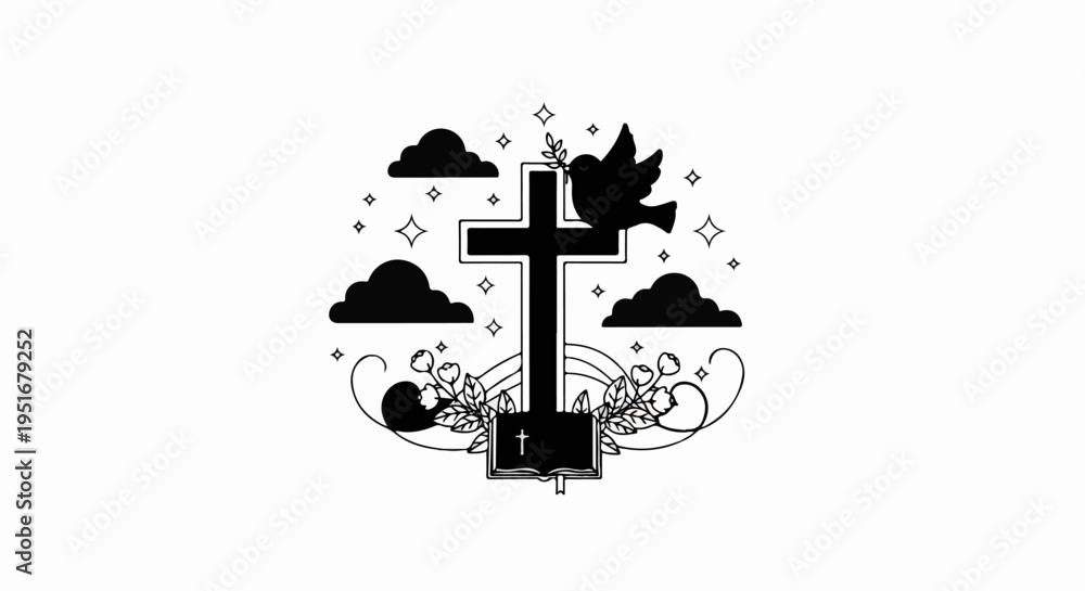 Fototapeta premium Religious symbol with cross, dove, book, clouds, flowers, and stars