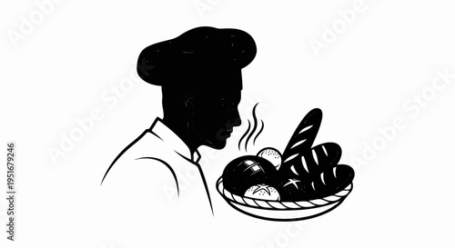 Silhouette of a baker in a tall hat, smelling fresh bread