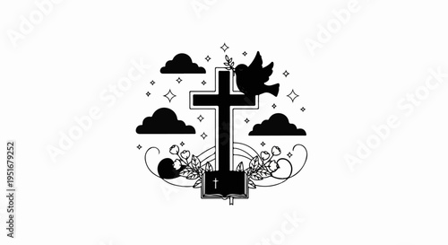 Religious symbol with cross, dove, book, clouds, flowers, and stars