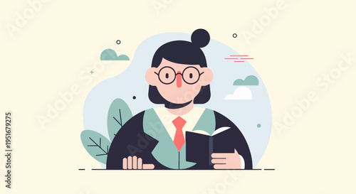 Professional woman in glasses and formal attire holding an open book