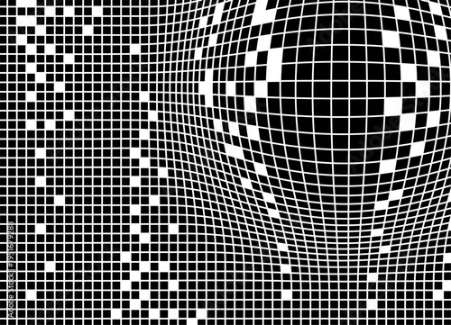 Vector pattern of small square black pixels on a white background. Background for covers, advertising, printing, packaging. Design element with curved volumetric shape, Clusters, 3d, explosion. Techno