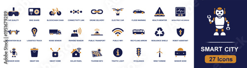 Smart city icon set. Containing public wifi, smart bin, electric car, robot assistant, solar panel, traffic light, recycling, transport and more. Solid fill vector icons collection.