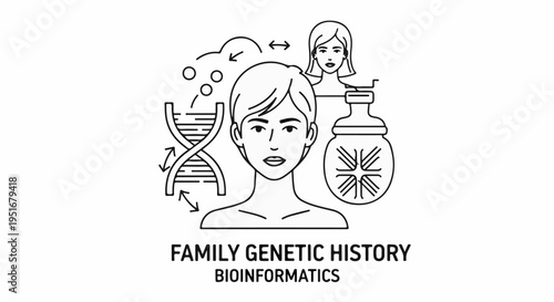Line art of DNA, people, and flask symbolizing genetic research