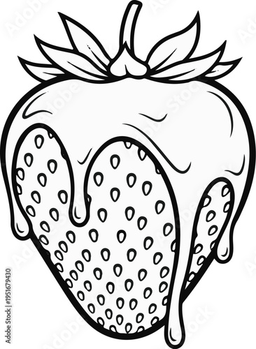 Line art of a strawberry covered in dripping glaze or frosting