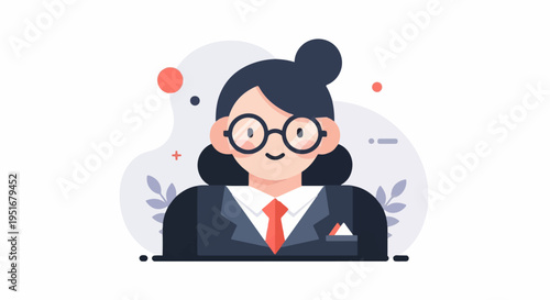 Friendly, bespectacled woman in a suit with a red tie