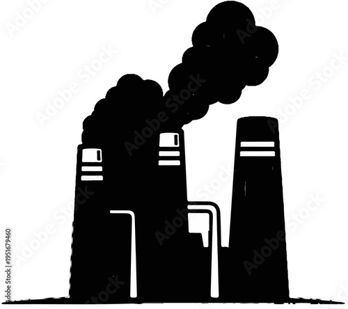 Industrial smokestacks emitting plumes of dark smoke against a white background
