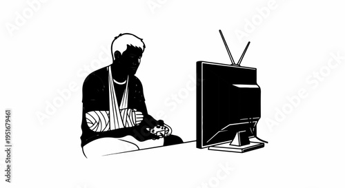 Injured person playing video games on a television
