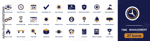 Time management icon set. Containing calendar, to do list, time tracker, time block, reminders, priority, habit, focus target, routine, planner, goal and more. Solid fill vector icons.