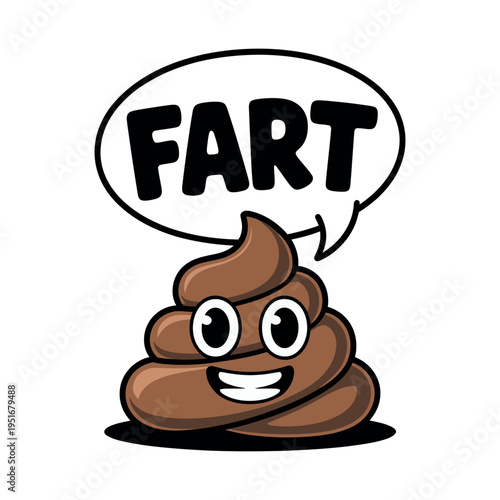 A cartoon poop emoji with a speech bubble saying fart