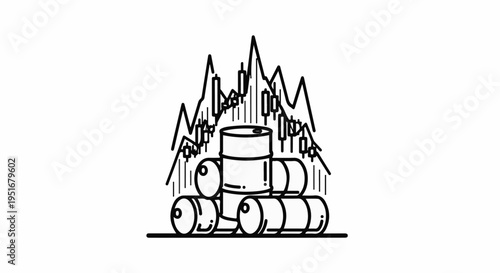 Oil barrels stacked with fluctuating stock market graph