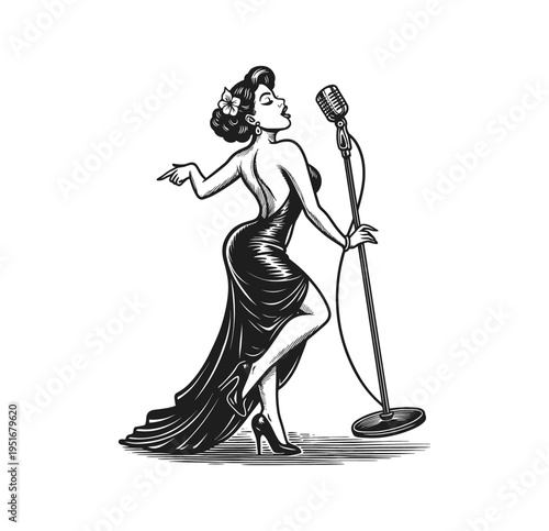 Hand-Drawn Retro Elegant Retro Jazz Vocalist in Evening Gown – Vintage Engraving art