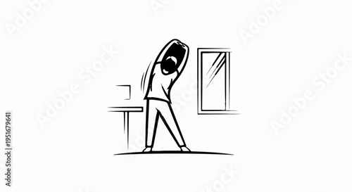 Person stretching at desk near window