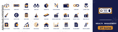 Wealth management icon set. Containing banknote, budget, bonds, crypto, gold, cash exchange, stock chart, mortgage, tax, policy, profit growth and more. Solid fill vector icons collection.