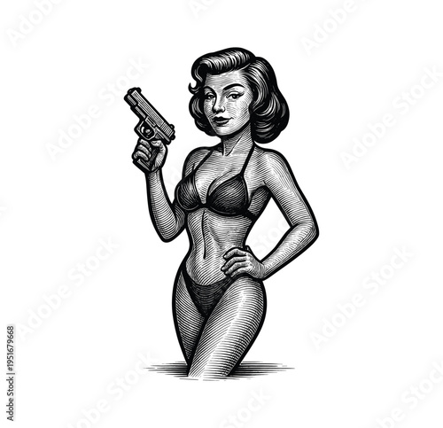 Hand-Drawn Retro Pin-up Girl Holding Handgun – Vintage Engraving art