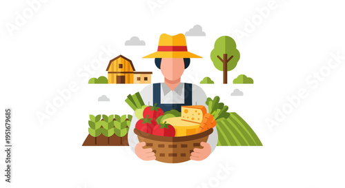 Farmer Holding Basket of Fresh Produce, Cheese, and Vegetables | Agriculture and Harvest Flat Design Illustration