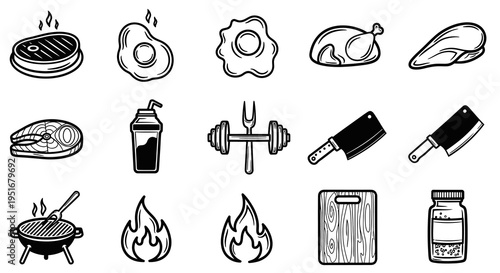 Fitness Nutrition and BBQ Grill Vector Icons Set