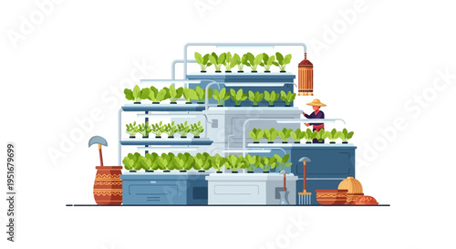 Urban Vertical Hydroponic Farm Illustration. Modern CEA System, Sustainable Agriculture, and High-Tech Indoor Gardening.