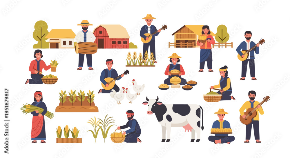 Fototapeta premium Rural Farming Community Vector Collection: Flat illustrations of farmers harvesting crops, tending livestock (cow, chickens), playing music, and traditional village life.