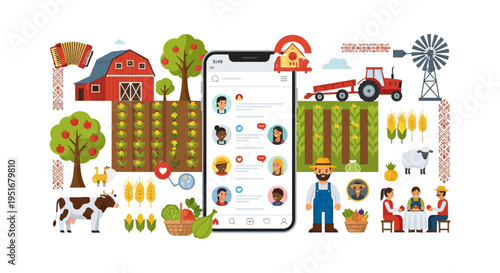 AgTech and Farming Community Network Illustration. Digital Agriculture Integration with Social Media and Rural Communication.