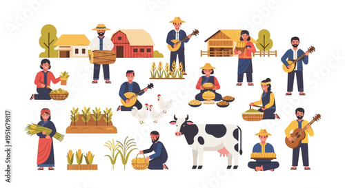Rural Farming Community Vector Collection: Flat illustrations of farmers harvesting crops, tending livestock (cow, chickens), playing music, and traditional village life.
