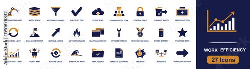 Work efficiency icon set. Containing automation, productivity, checklist, cloud sync, optimize, time save, task folder, workflow, goal and more. Solid fill vector icons collection.
