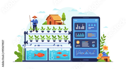 Smart Aquaponics Farming System Illustration. Farmer monitors crops and fish using a mobile IoT application dashboard for sustainable agriculture.