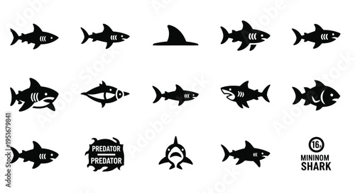 Shark vector icons set of predator sea animals in silhouette style
