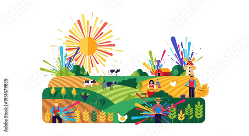 Vibrant Flat Design Farm Landscape Vector Illustration. Farmers, Crops, and Livestock in an Energetic Agricultural Scene with Sunburst.