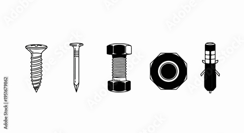 A white background displays five detailed line drawings of common fasteners