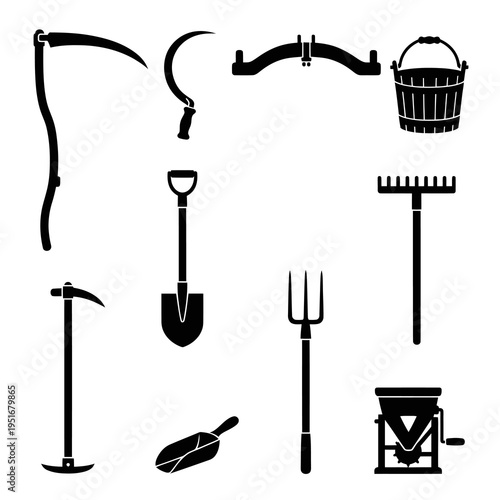 Traditional Agriculture and Farming Tools Silhouette Set