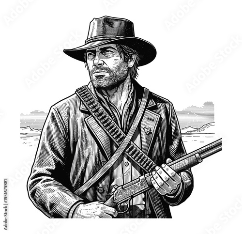 Hand-Drawn Retro Gritty Wild West Outlaw Cowboy with Rifle – Vintage Engraving art