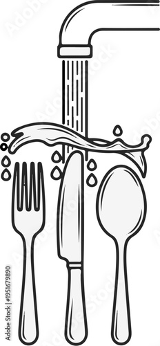 Cleanliness of eating utensils, water running from a faucet onto silverware