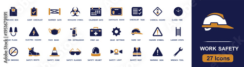 Work safety icon set. Containing hard hat, first aid, fire extinguisher, safety vest, warning sign, face mask, ear plugs, ladder, gloves and more. Solid fill vector icons collection.
