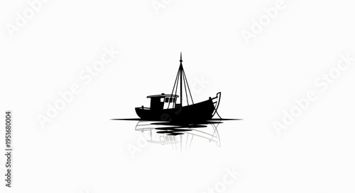 A stark black silhouette of a boat with a mast and rigging rests on calm water