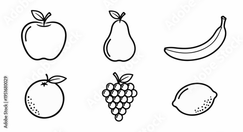Simple outline drawings of six popular fruits arranged in two rows