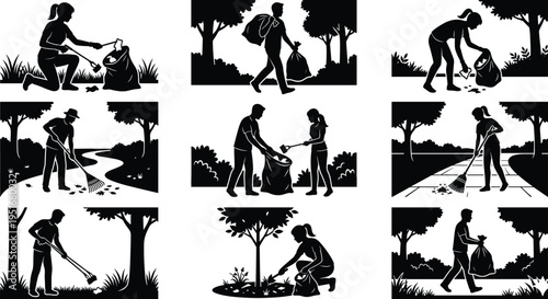 Community volunteers cleaning parks and outdoor spaces, collecting litter, sweeping pathways, raking leaves, and promoting environmental sustainability
