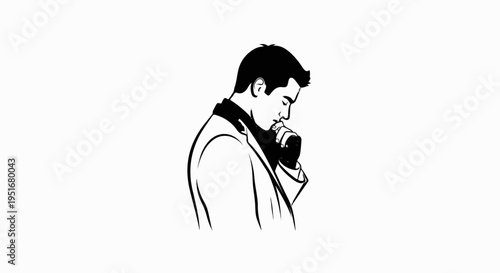 Stylized black and white drawing of a man in a suit, deep in thought