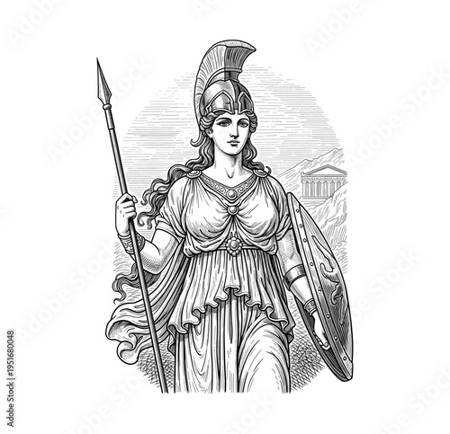 Hand-Drawn Retro Athena Ancient Greek Goddess with Spear and Shield – Vintage Engraving art