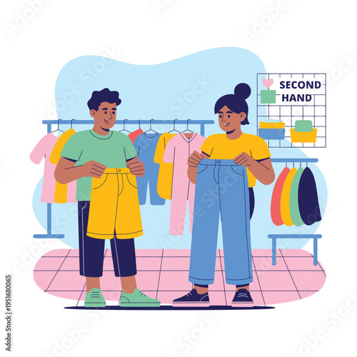 Two people shopping for second-hand clothing in a store