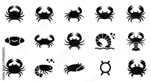 Crab and shrimp icons, marine life in various poses