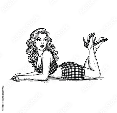 Hand-Drawn Retro Woodcut Style Pin-up Girl Reclining in Plaid Outfit – Vintage Engraving art