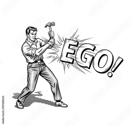 Hand-Drawn Retro Conceptual Vintage Engraving of Man Smashing Ego with Hammer – Vintage Engraving art