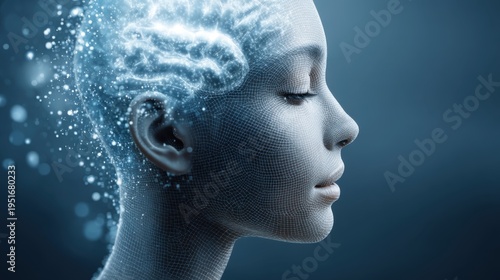 Artificial Intelligence Female Profile with Glowing Brain and Futuristic Mesh, Symbolizing Neural Networks