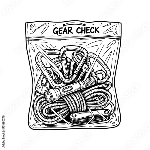 Climbing gear kit in zip bag carabiners rope flashlight and multitool hand drawn vector outdoor adventure equipment illustration