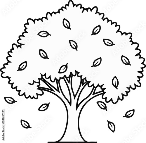 Black and white outline drawing of a tree shedding leaves in autumn