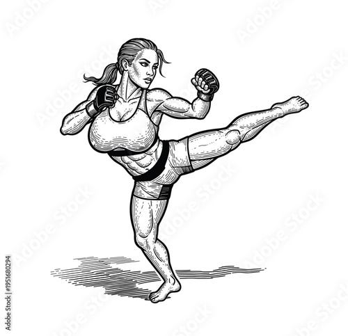 Hand-Drawn Retro Female Mixed Martial Arts Fighter Performing High – Vintage Engraving art
