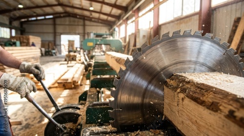 Industrial circular saw precisely cutting a large wooden log into timber planks at a busy sawmill workshop