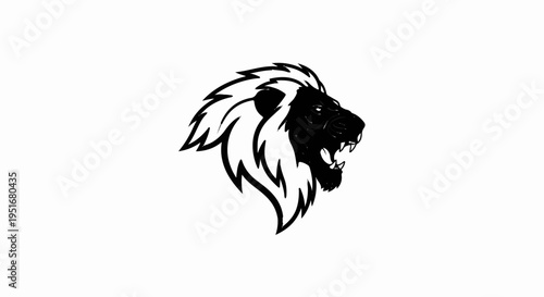 Stylized black and white roaring lion's head with a fierce mane